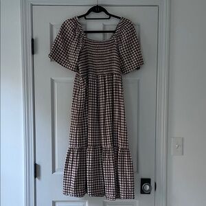 Madewell white and brown gingham midi dress, size S.